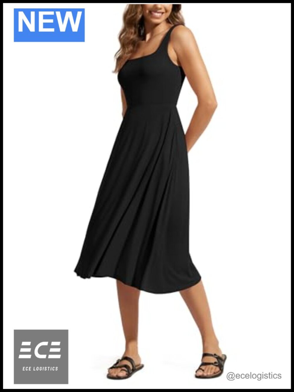 Square Neck Flare Midi Dress with Pockets Sleeveless Casual Sundress